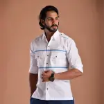 Stylish White Hunting Shirt with Blue Strip | Premium Men's Sportswear | Classic Outdoor Design | Comfortable Cotton Fabric | Size 36-44